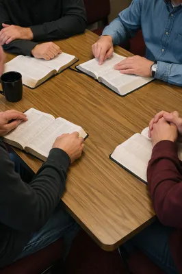 Men’s Bible Study Around Wooden Table