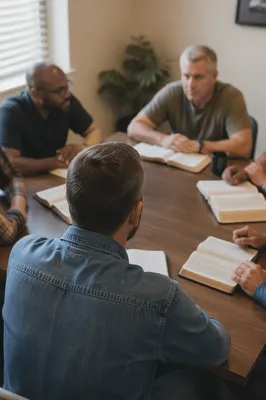 Men Bible Study Discussion Around Church Table