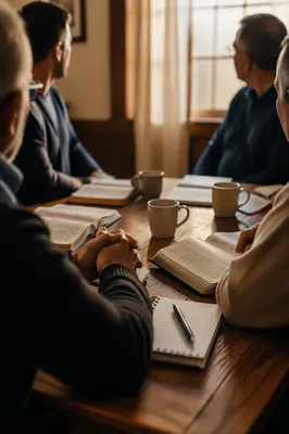 Men’s Bible Study Around Wooden Table