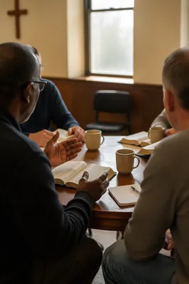 Mens Bible Study Group Around Table