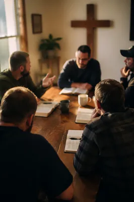 Men’s Bible Study Around Wooden Table