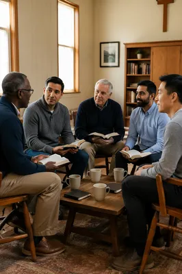 Men's Bible Study Discussion in Church Room