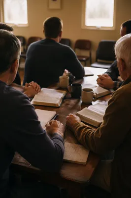 Men’s Bible Study Around a Wooden Table