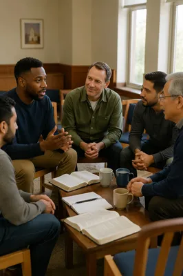 Men's Bible Study Discussion in Church Room