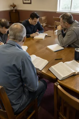 Men’s Bible Study Discussion in Church Room