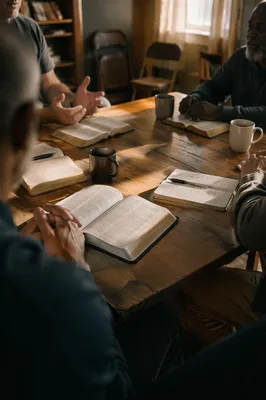 Men’s Bible Study Around Wooden Table