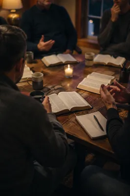 Men’s Bible Study Around Wooden Table