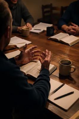 Men’s Bible Study Around Wooden Table