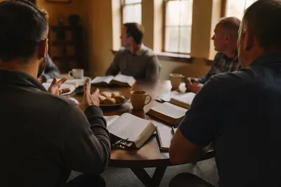 Men’s Bible Study Around Wooden Table