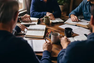 Men’s Bible Study Around Wooden Table