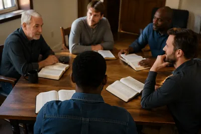Men’s Bible Study Around Wooden Table