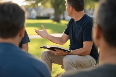 Outdoor Men's Bible Study Discussion on Church Lawn