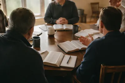 Men’s Bible Study Discussion in Fellowship Room
