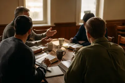 Men's Bible Study Discussion in Fellowship Room