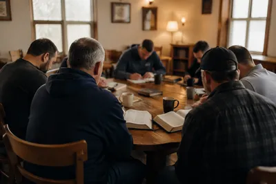 Men’s Bible Study Around Wooden Table