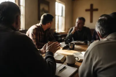 Men’s Bible Study Around Fellowship Table