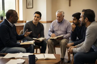 Men Discussing in Bright Church Meeting Room