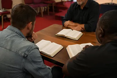 Men Discussing Scripture in Fellowship Room