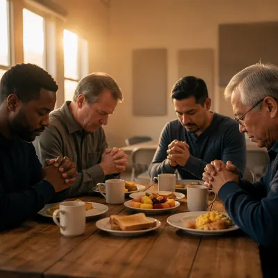 Men Praying Before Breakfast at Sunrise