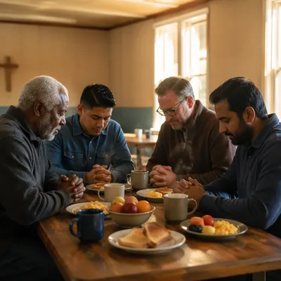 Men Praying Before Breakfast Together