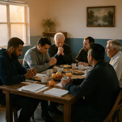 Men Praying at Breakfast Table