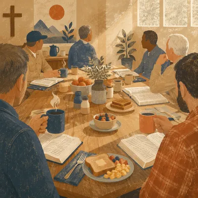 Mens Breakfast Bible Study Around Wooden Table