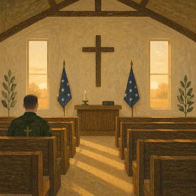 Quiet Military Chapel with Cross and Flags
