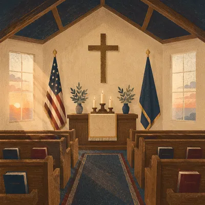 Quiet Military Chapel with Cross and Flags
