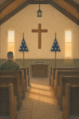 Quiet Military Chapel with Cross and Flags