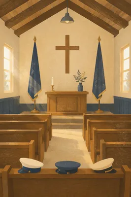 Quiet Military Chapel with Cross and Flags