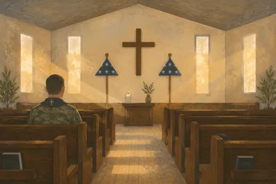 Quiet Military Chapel with Cross and Flags