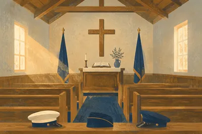 Quiet Military Chapel with Cross and Flags