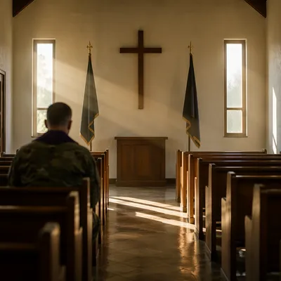 Quiet Military Chapel with Cross and Flags