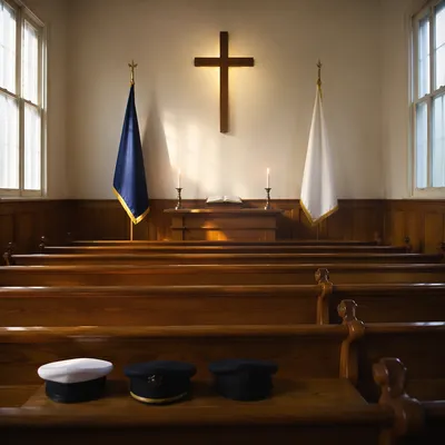 Quiet Military Chapel with Cross and Flags