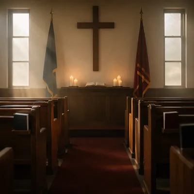 Military Chapel Cross and Flags at Dawn