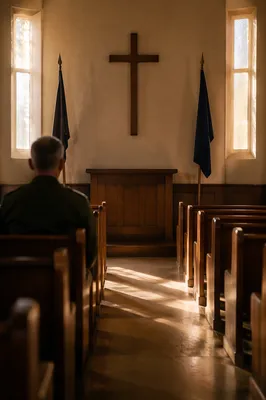 Quiet Military Chapel with Cross and Flags