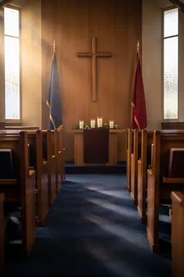 Military Chapel Cross and Flags at Dawn