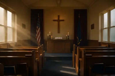 Quiet Military Chapel with Cross and Flags