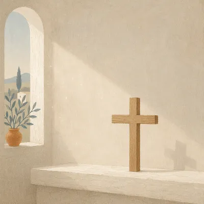 Minimal Wooden Cross on Chapel Ledge