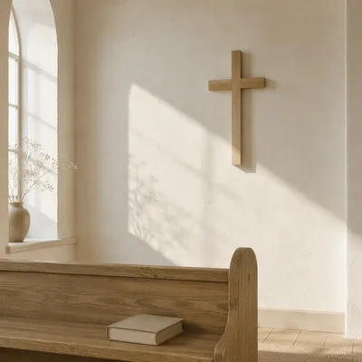 Minimalist Wooden Cross on Chapel Wall