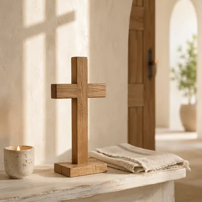 Minimal Wooden Cross in Quiet Chapel