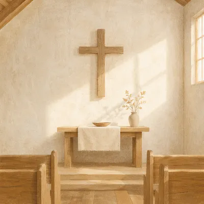 Minimal Wooden Cross in Quiet Chapel