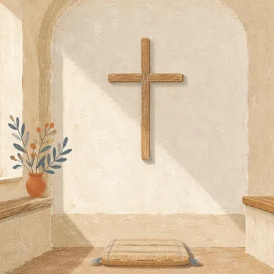Minimalist Wooden Cross in Quiet Chapel