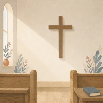 Minimal Wooden Cross in Quiet Chapel
