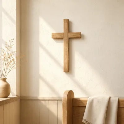 Minimal Wooden Cross on Chapel Wall