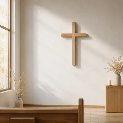 Minimalist Wooden Cross on Chapel Wall