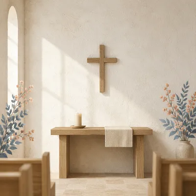 Minimalist Wooden Cross on Chapel Wall