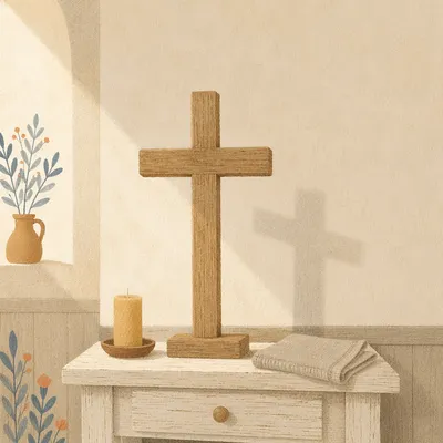 Minimal Wooden Cross on Quiet Chapel Table
