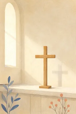 Minimal Wooden Cross on Chapel Ledge