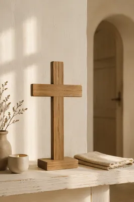 Minimal Wooden Cross on Chapel Shelf